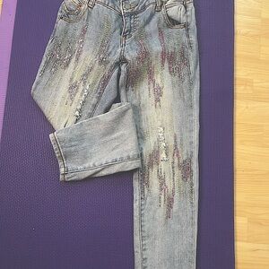Lots jeans size 26 Distressed Glitzy Pink Metallic Sequin straight leg lite wash